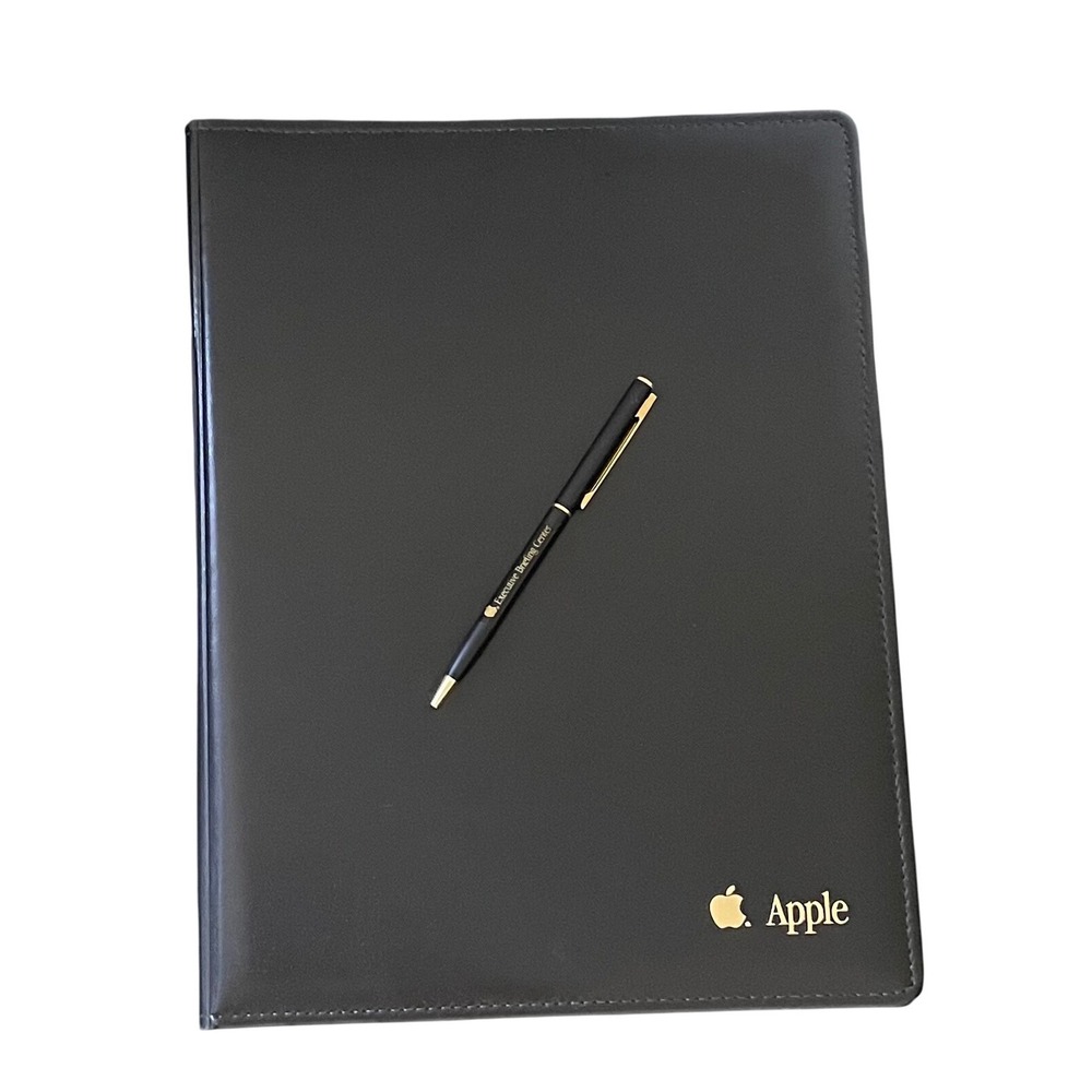 Vtg Apple Computer Black Leather Folio Padfolio & Pen Executive Briefing Center
